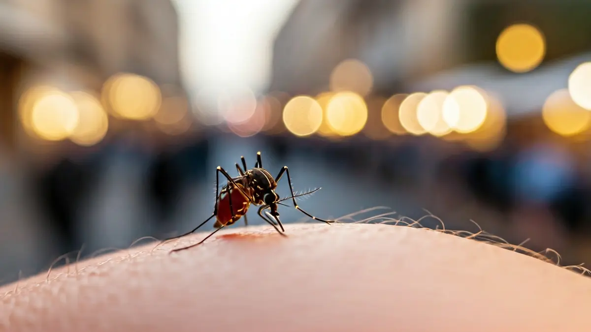 Imatge genèrica d'un mosquit sobre un braç humà, amb un fons urbà mediterrani difuminat.