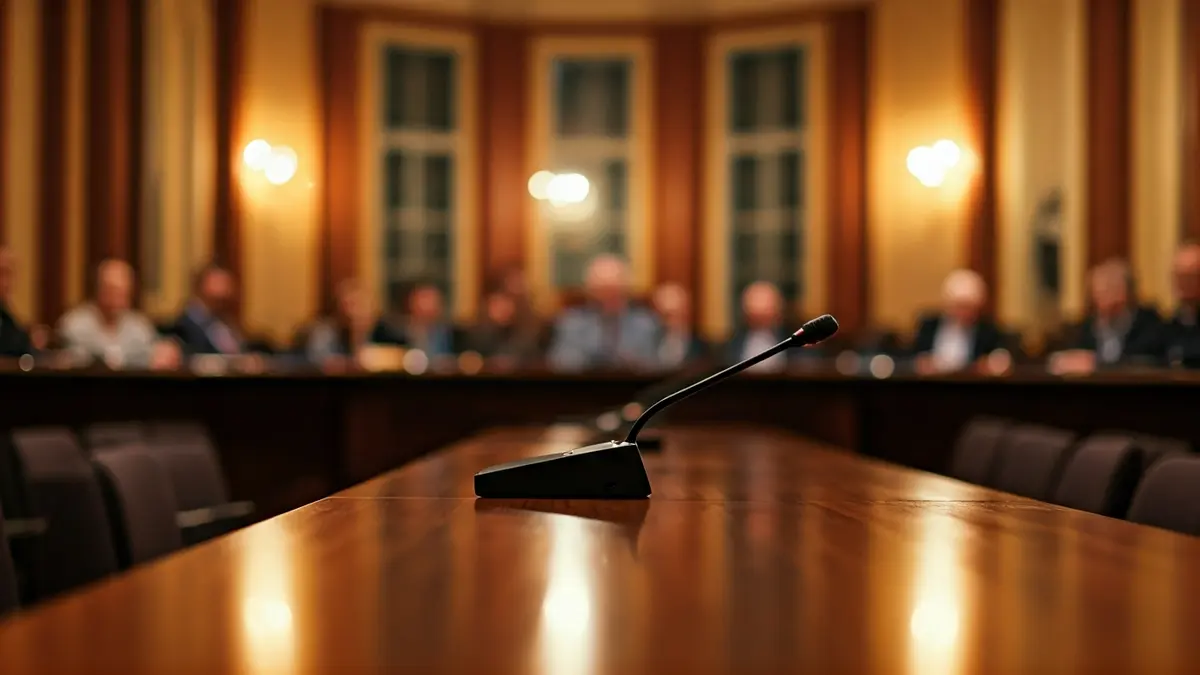 Generic image of an institutional meeting room with a table and microphones.