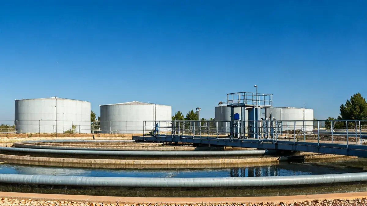 Generic image of a water treatment plant with pipes and tanks.