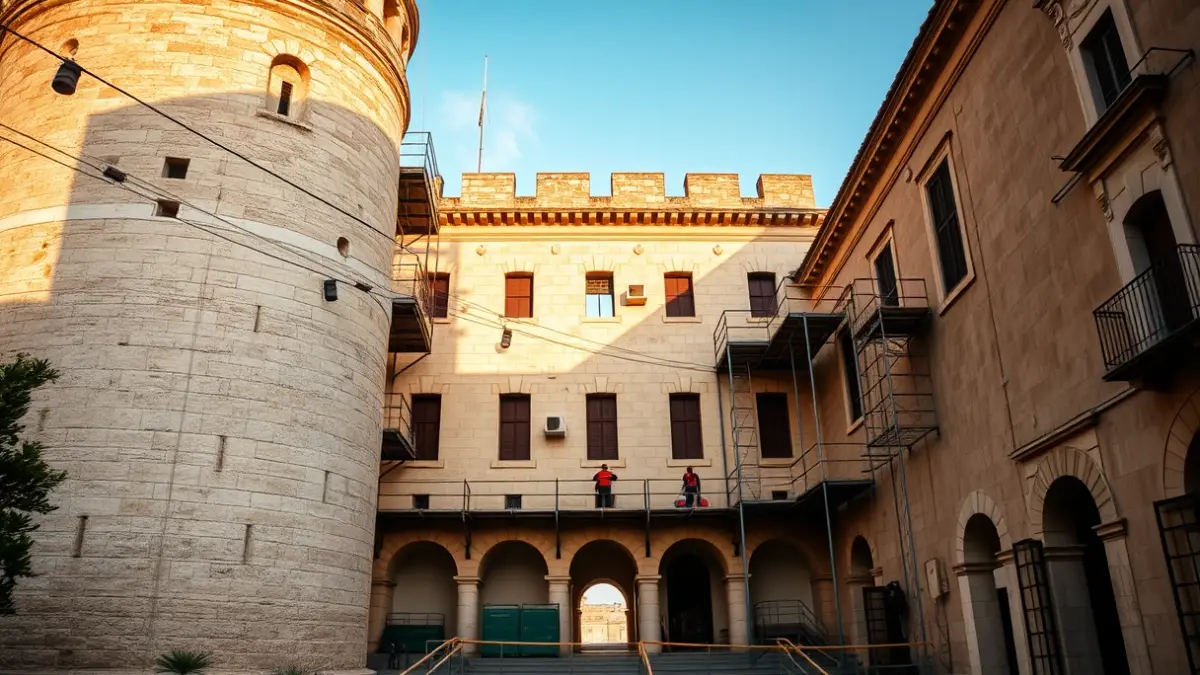 Imagen de una torre o palacio antiguo en restauración, con andamios y obreros, bajo la luz del sol de la tarde.