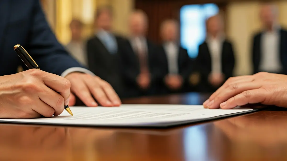 Generic image of hands signing official documents in an office.
