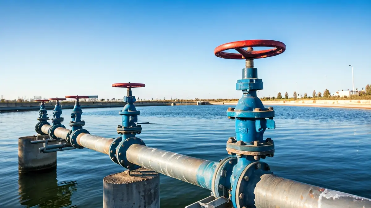 Generic image of a wastewater treatment plant with pipes and machinery.