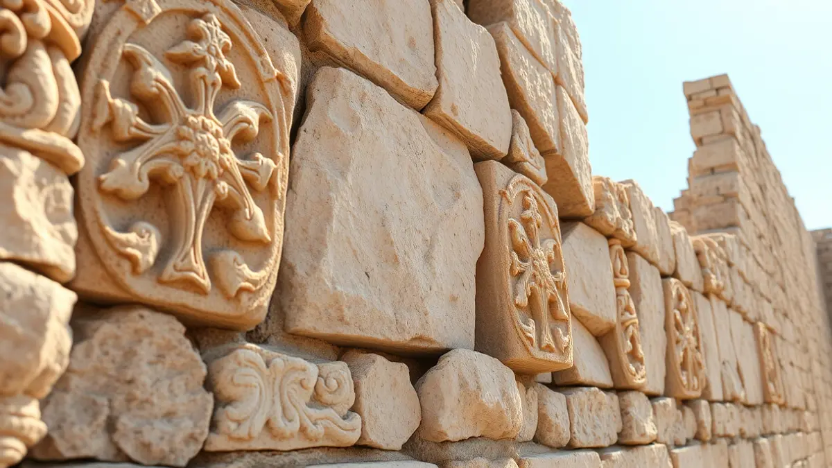 Generic image of an ancient stone wall with intricate carvings, partially restored, bathed in warm sunlight.
