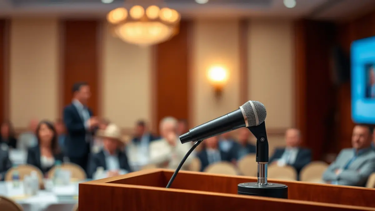 Generic image of a microphone on a podium during a conference.