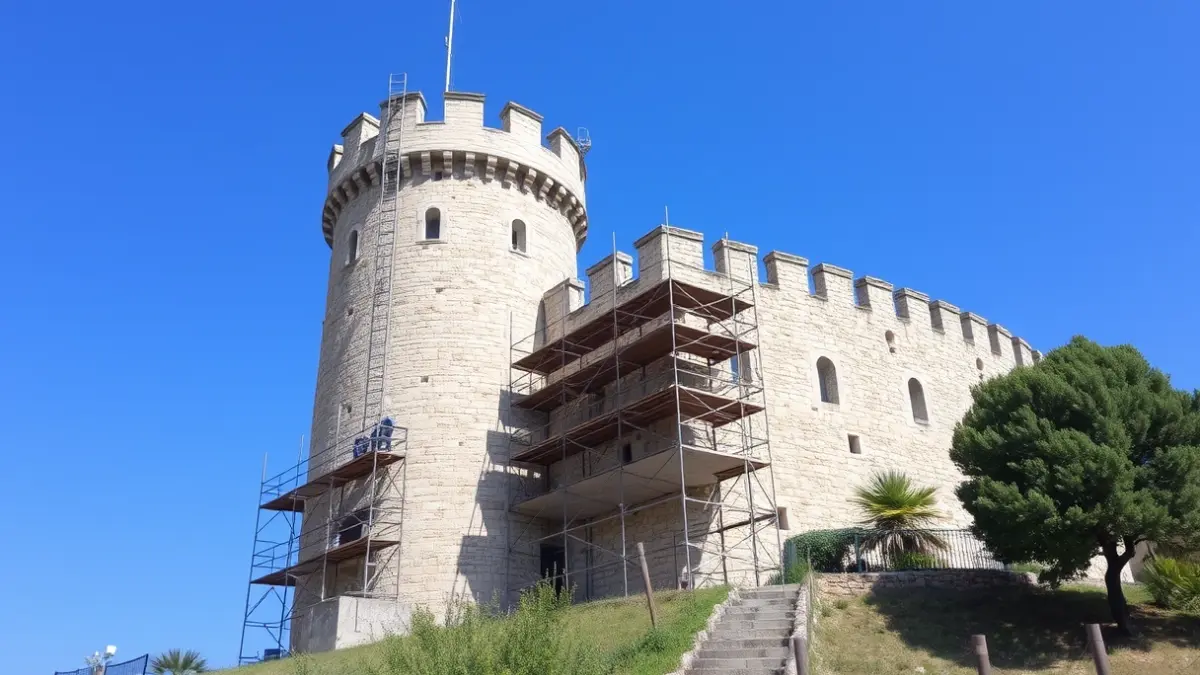 Imagen de una torre de castillo medieval en restauración, con andamios en sus muros de piedra, bajo un cielo azul claro.