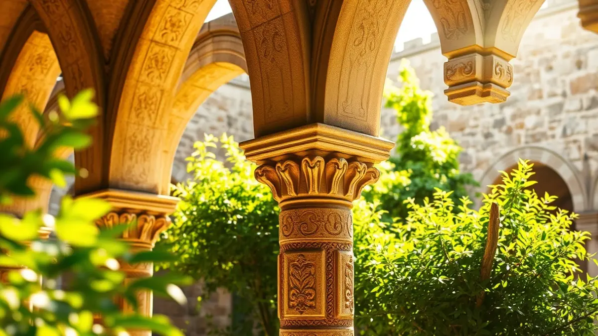 Image of the cloister of the old Carmelite convent in Beniparrell, with stone arches and vegetation.