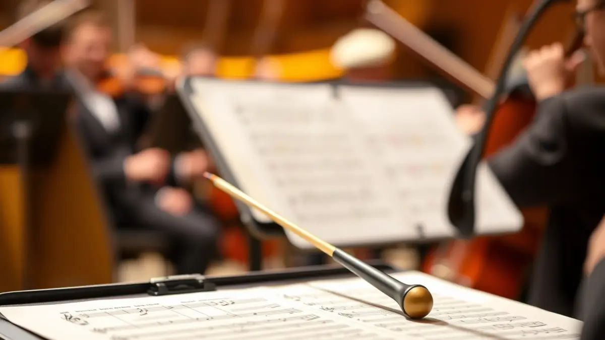 Imatge genèrica d'una batuta de director sobre un faristol amb partitures, amb instruments orquestrals desenfocats al fons.
