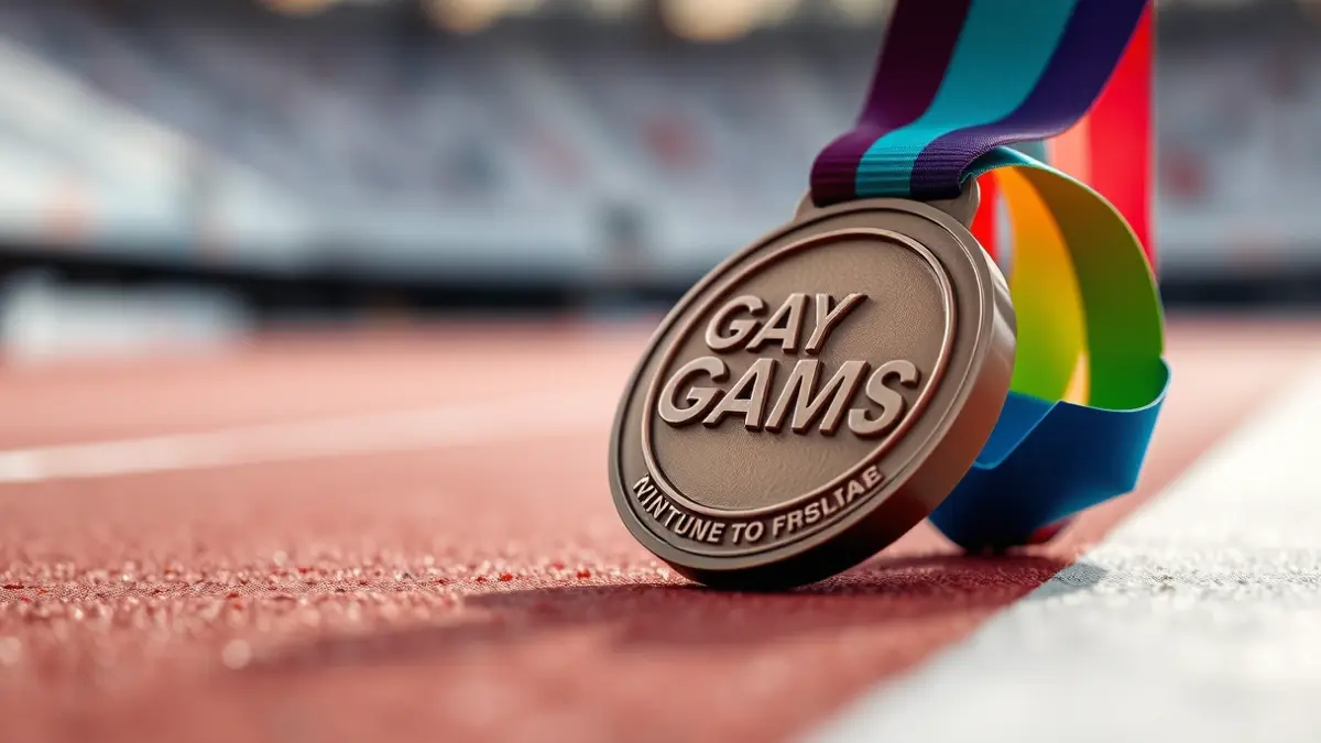 Imatge genèrica d'una medalla esportiva amb una cinta d'arc de Sant Martí, sobre una pista d'atletisme borrosa, simbolitzant els Gay Games.