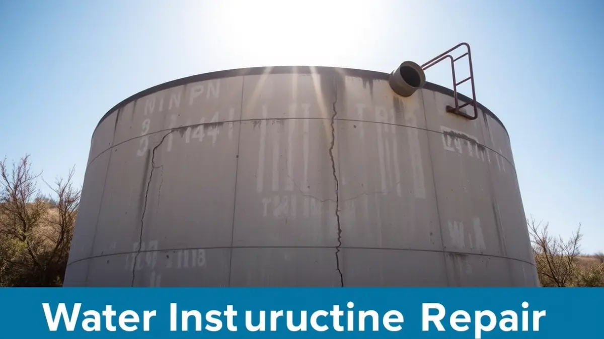 Imagen de un depósito de agua de hormigón con grietas, en un entorno mediterráneo seco, simbolizando la reparación de infraestructuras hídricas.