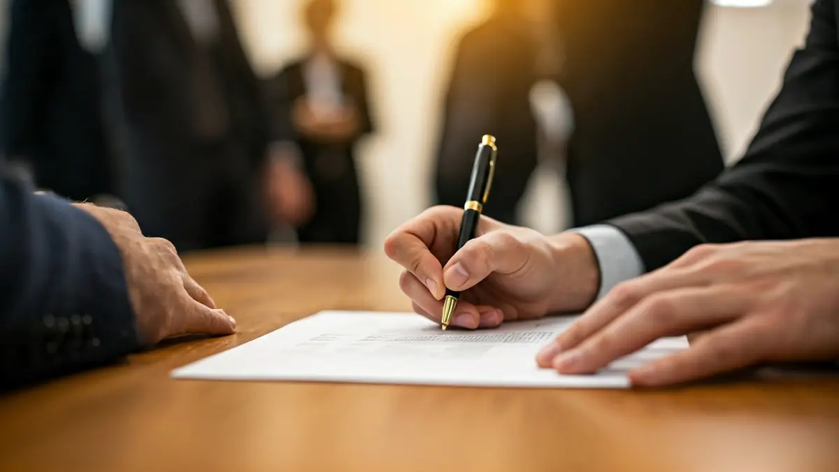 Generic image of hands signing a document, symbolizing administrative agreements.