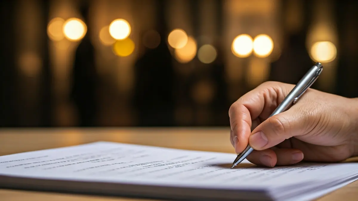 Generic image of a hand with a pen over a document, symbolizing administrative management and fund allocation.