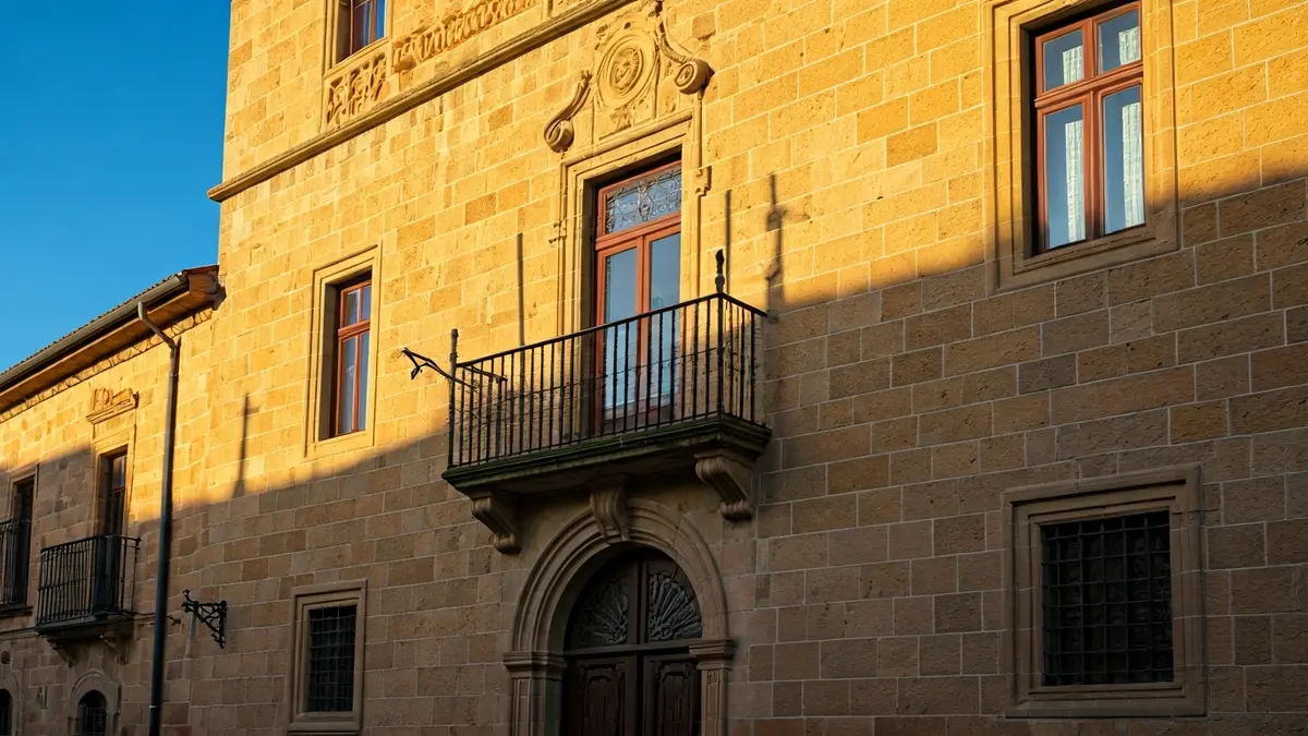 Façana de l'ajuntament de Xàtiva amb balcons de ferro forjat i llum solar càlida.