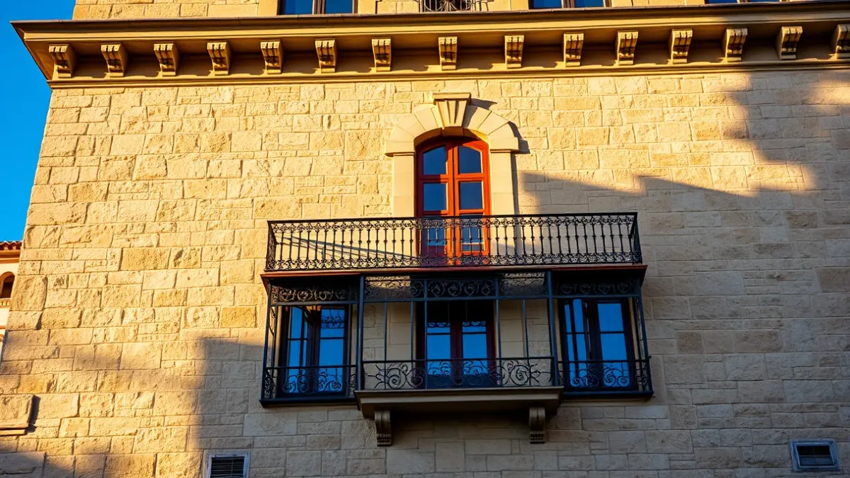 Façana del Palau dels Comtes d'Orbe i Piniés de Quartell, amb balcons i baranes de ferro forjat, banyada pel sol de la vesprada.