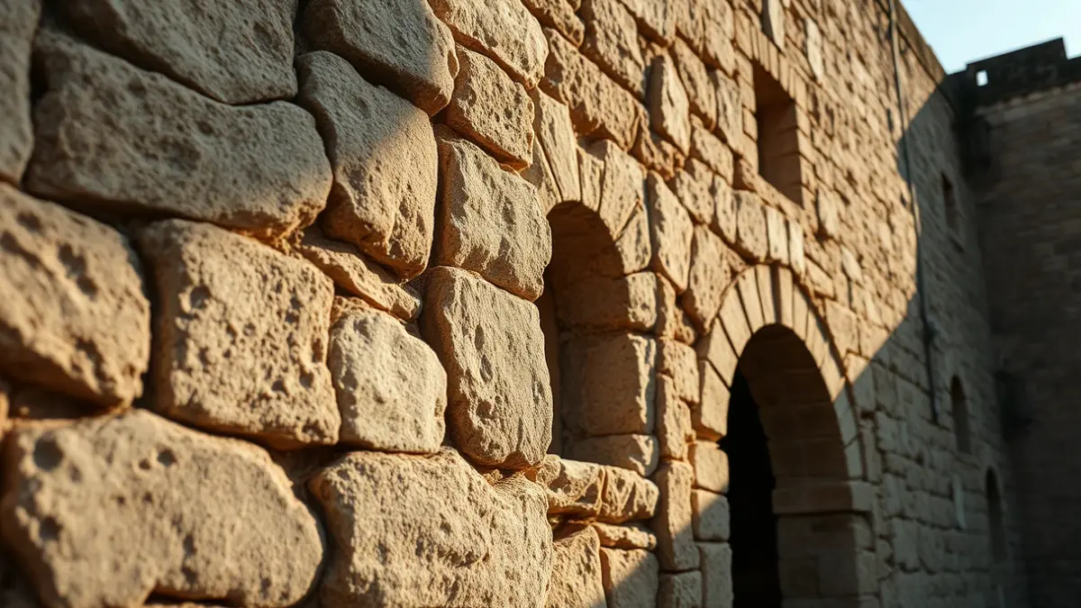 Image of ancient architecture, such as a castle or convent, with stone details and weathered textures, illuminated by the afternoon sun.