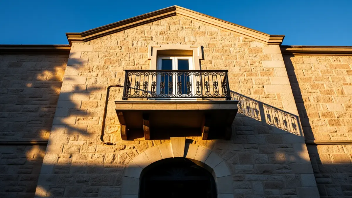 Facade of an old town hall with wrought iron balconies, illuminated by the afternoon sun.