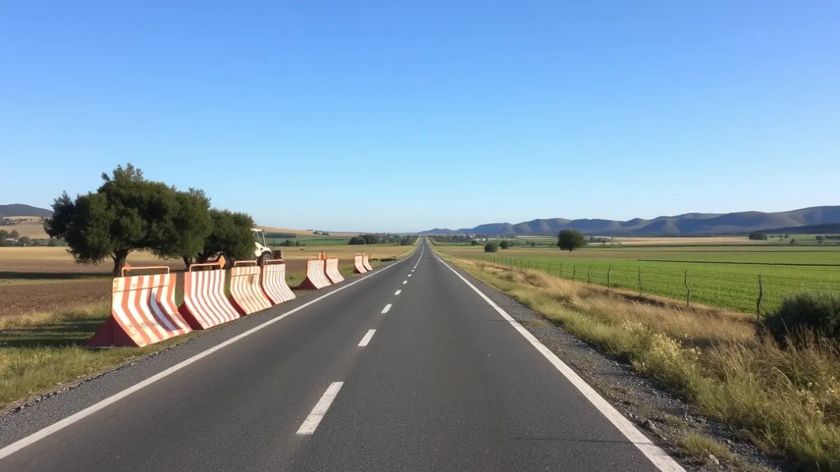 Image of roadworks on a rural Valencian road, with machinery and construction barriers.