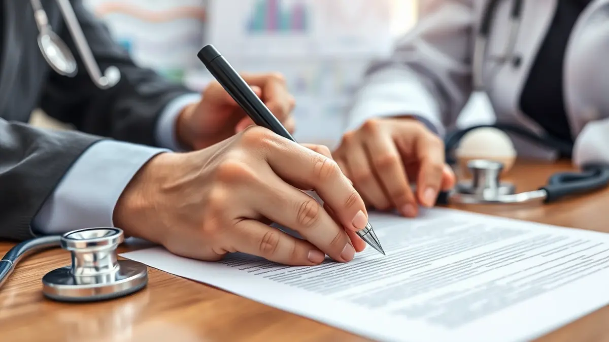 Imatge genèrica de mans signant un document en un escriptori, amb gràfics mèdics desenfocats al fons.