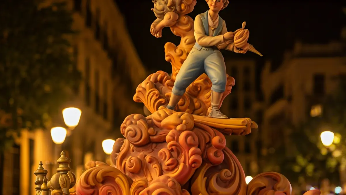 Detalle de un monumento fallero con figuras de cartón piedra y colores vivos.