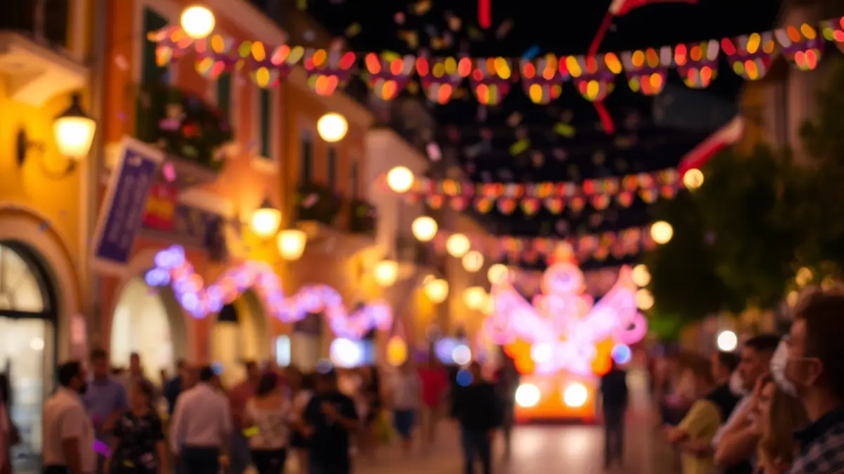Imagen genérica de una cabalgata nocturna con luces borrosas y confeti, ambiente festivo en una calle de ciudad mediterránea.