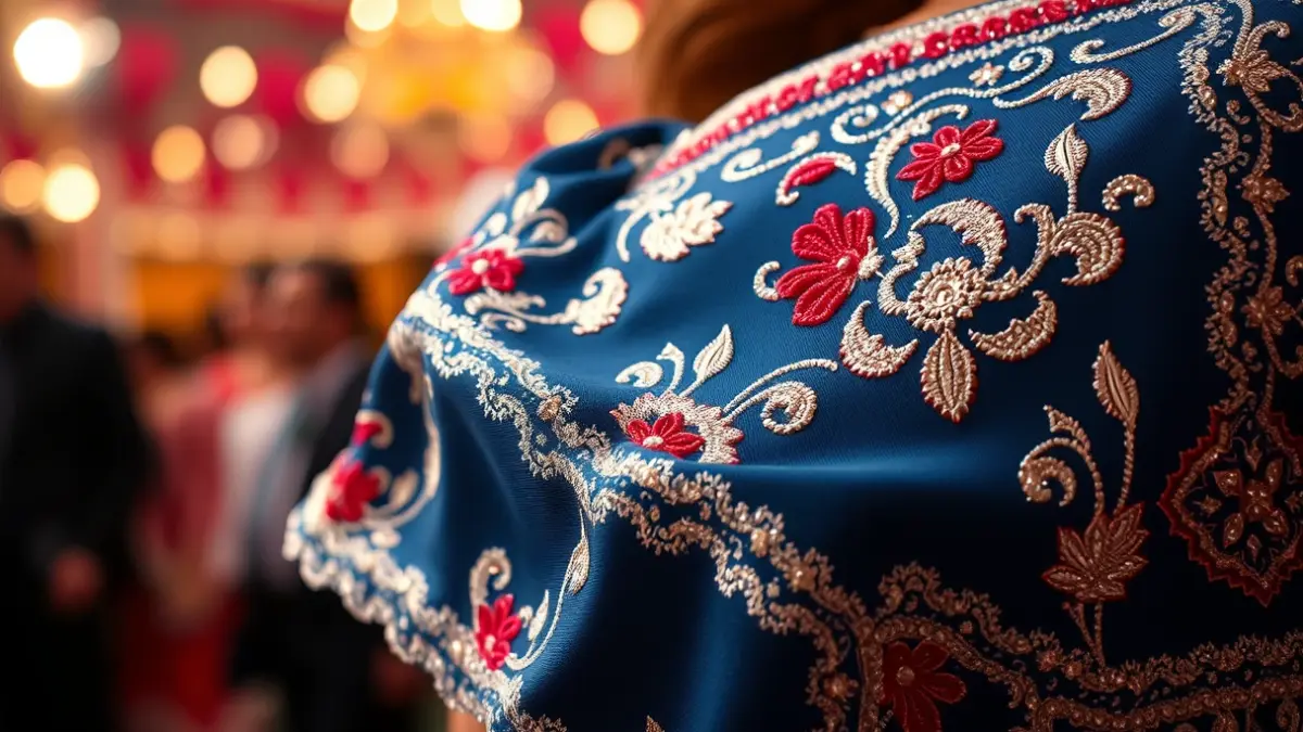 Imatge genèrica de la tela d'un vestit de fallera amb brodats i lluentons, representant la cultura valenciana.