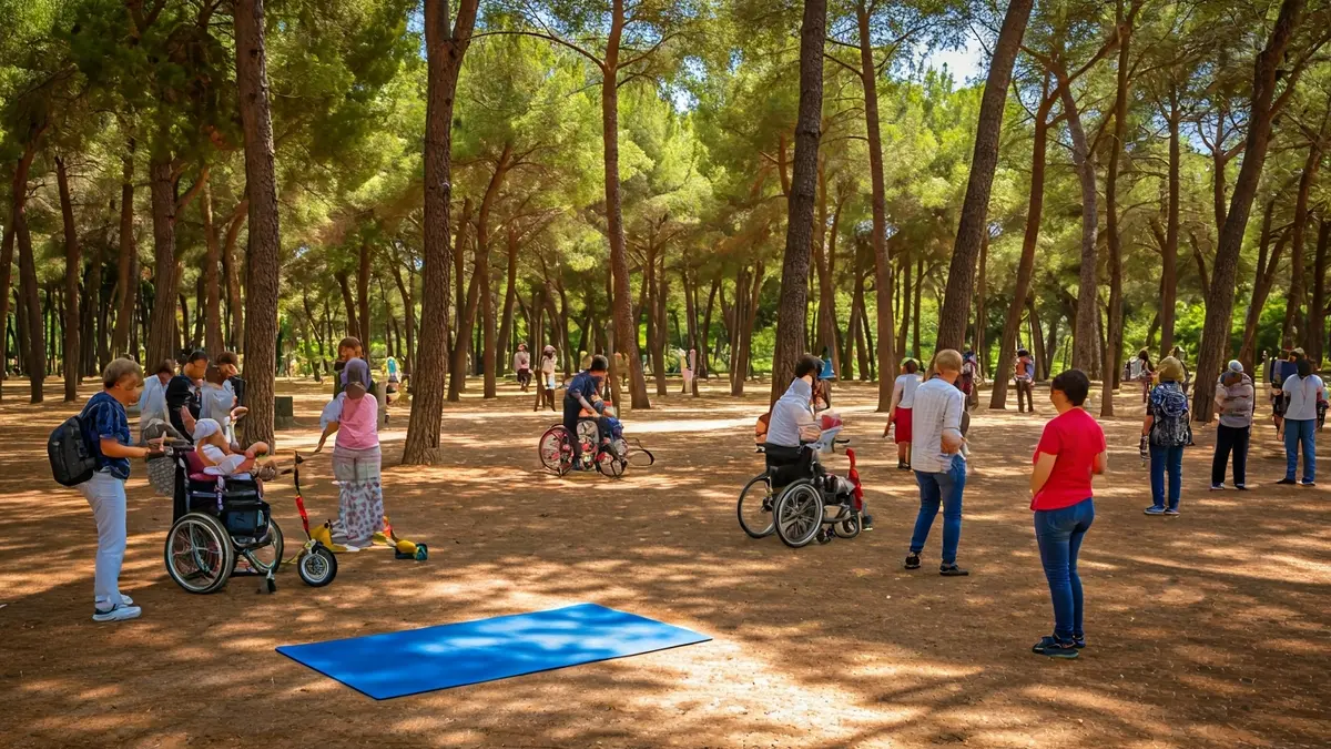 Image of an inclusive community event in a natural park with sensory activities and games.