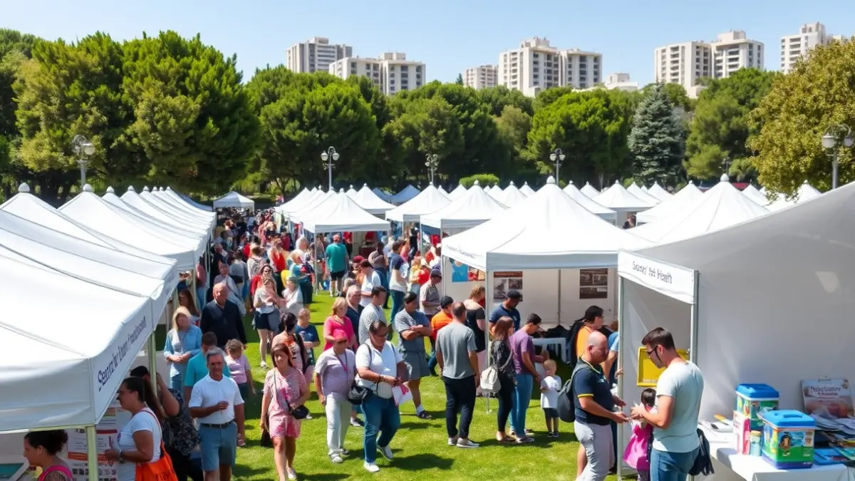 Imagen genérica de una feria de la salud en un parque urbano, con carpas blancas y actividades interactivas.