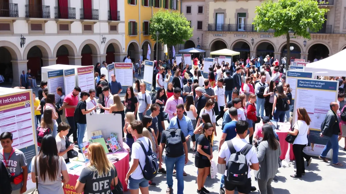 Imatge d'una fira d'estudiants amb estands informatius i jóvens interactuant en una plaça.
