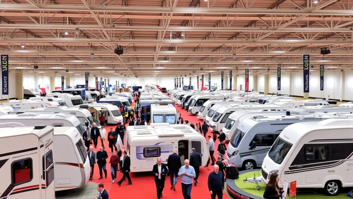 Image of a caravaning fair with visitors observing the vehicles.
