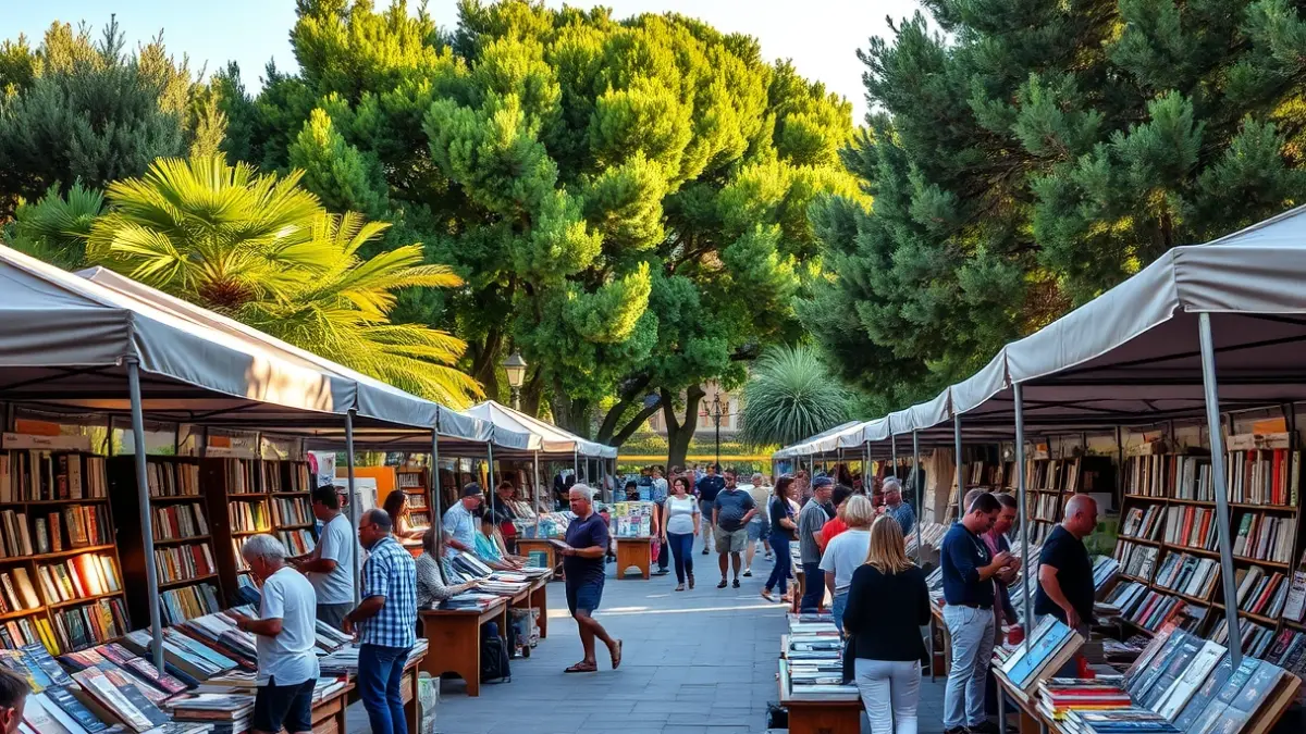Imagen de la Feria del Libro en los Jardines de Viveros de Valencia, con puestos y gente buscando libros.
