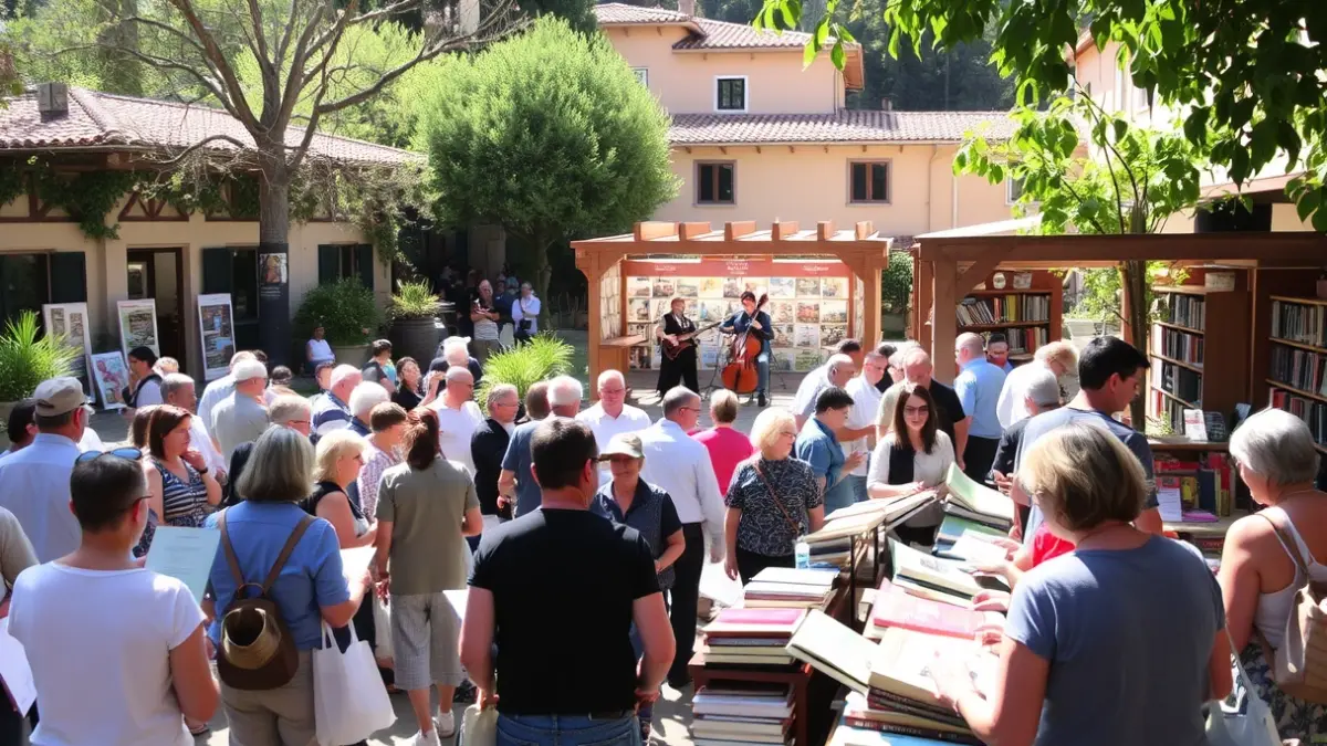 Image of a book fair in a garden, with people browsing books and a stage with music.