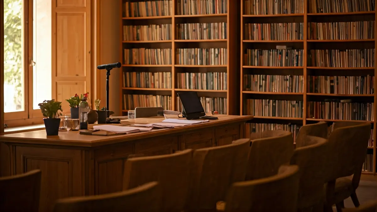Imagen genérica de un interior de biblioteca con estanterías de madera y un atril con micrófono.