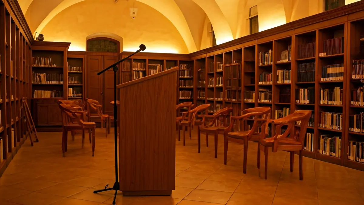Imatge genèrica d'un interior de biblioteca amb prestatgeries de fusta i un faristol amb micròfon.