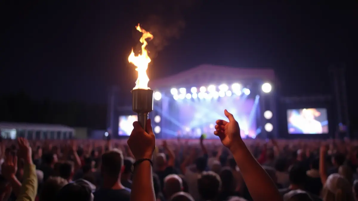 Imatge d'una flama simbòlica alçada per mans entre una multitud en un concert nocturn.