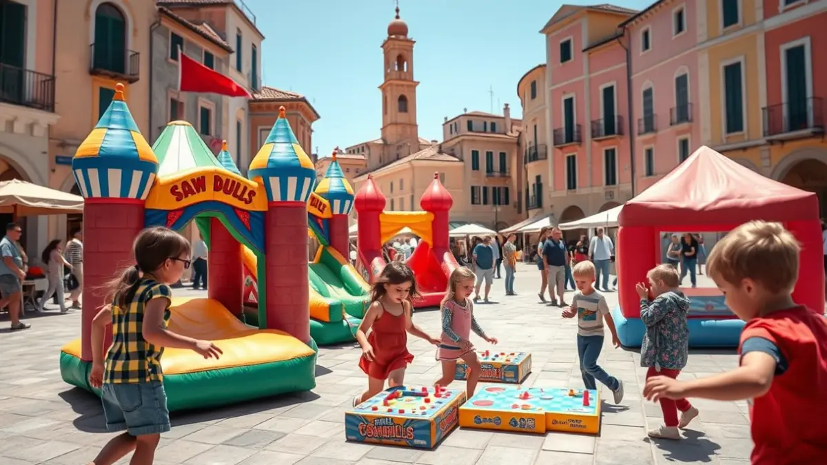 Imagen de una fiesta infantil con inflables y juegos en una plaza.