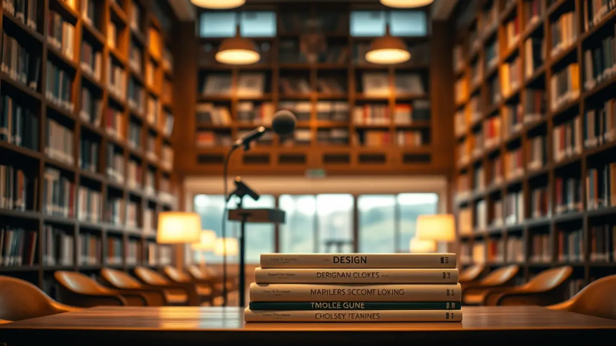 Imatge genèrica d'una sala de presentacions amb llibres i un micròfon.