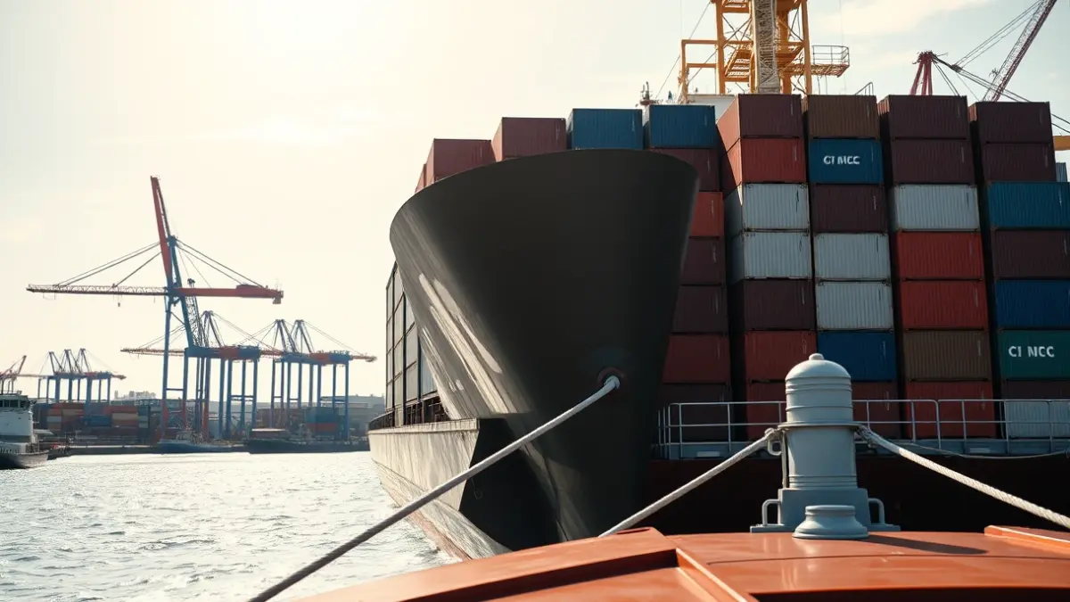 Imagen genérica de un buque de carga en un puerto moderno, con contenedores y grúas.