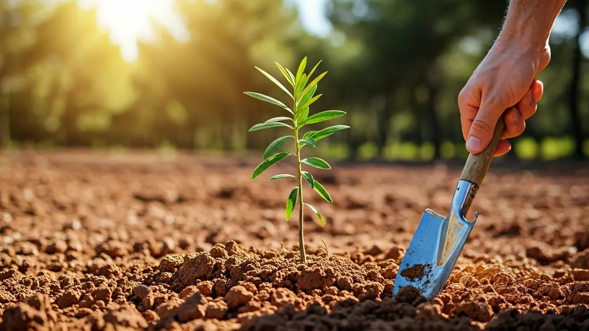 Imatge genèrica de tasques de prevenció d'incendis forestals, amb una mà plantant un arbre en terra seca.