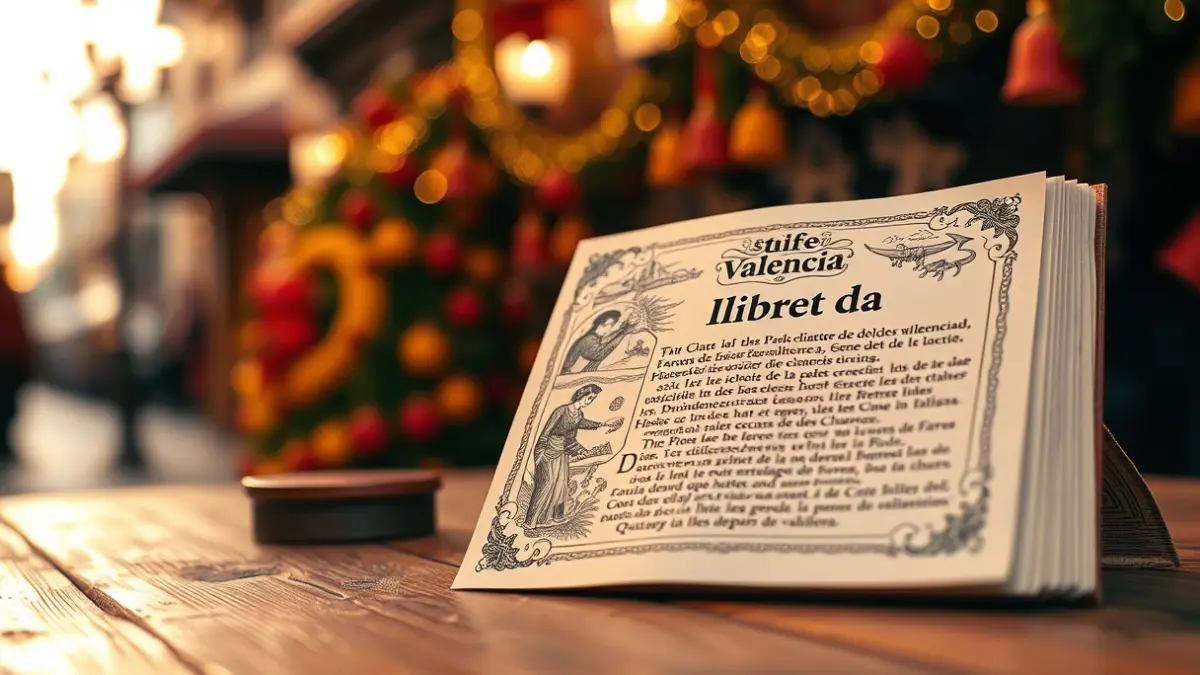 Imagen de un 'llibrets de falla' tradicional con ilustraciones detalladas, sobre una mesa de madera, con elementos falleros desenfocados al fondo.