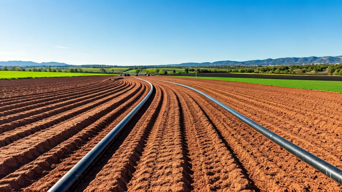 Imagen genérica de tuberías de irrigación en un campo, simbolizando la gestión del agua.