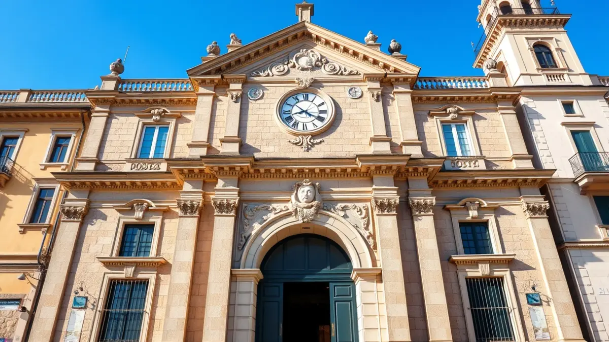 Fachada del antiguo edificio de Correos en una ciudad mediterránea.