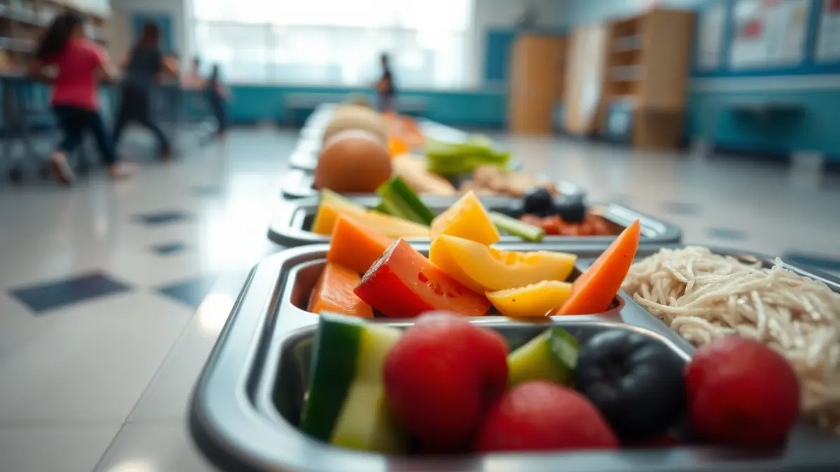 Generic image of a healthy school meal with fresh fruits and vegetables on a cafeteria tray.