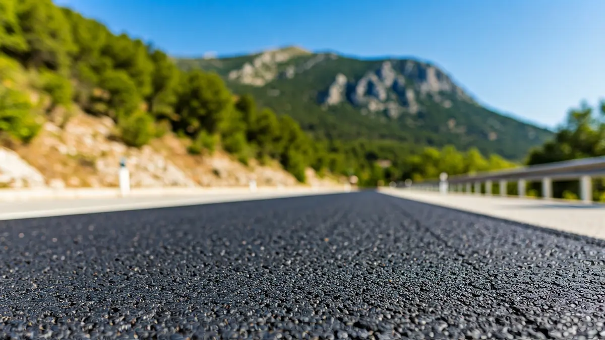 Generic image of new asphalt on a mountain road, with blurred green trees and blue sky in the background.