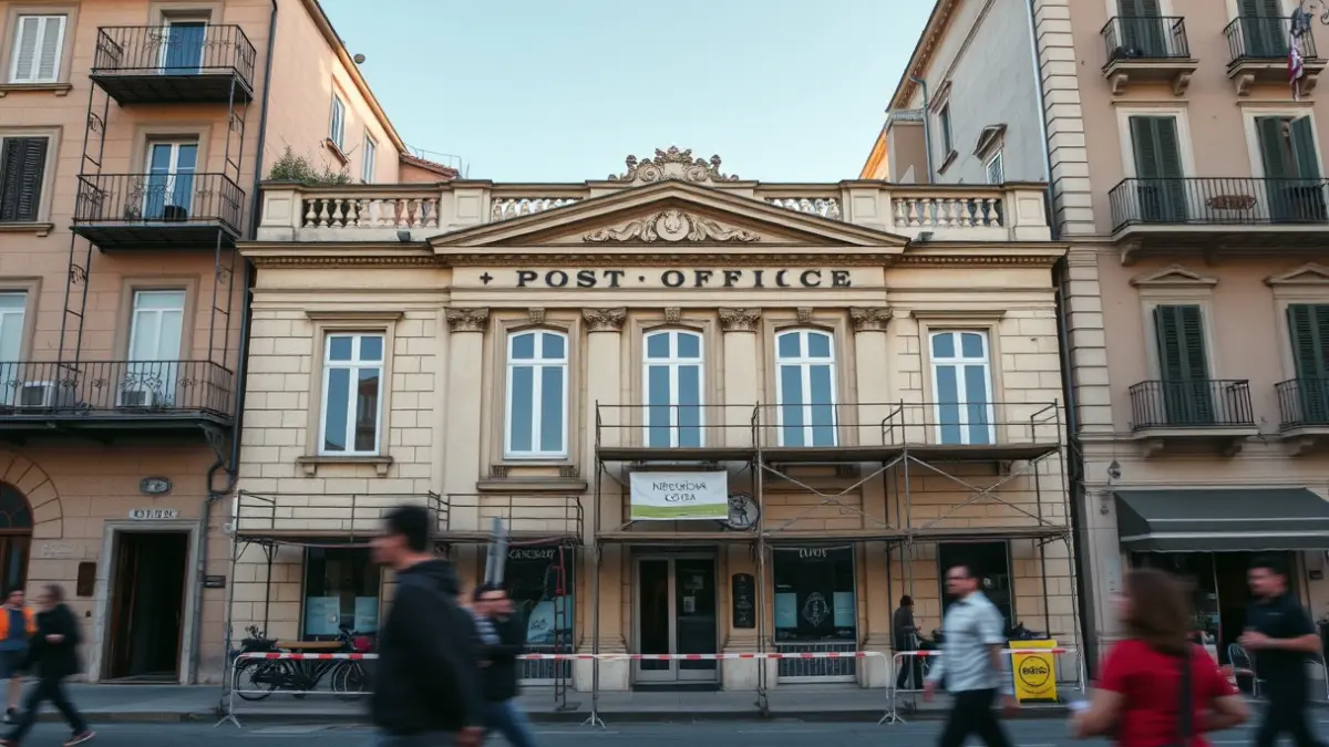 Imatge de l'antic edifici de Correus de Gandia amb elements de seguretat i vianants borrosos.