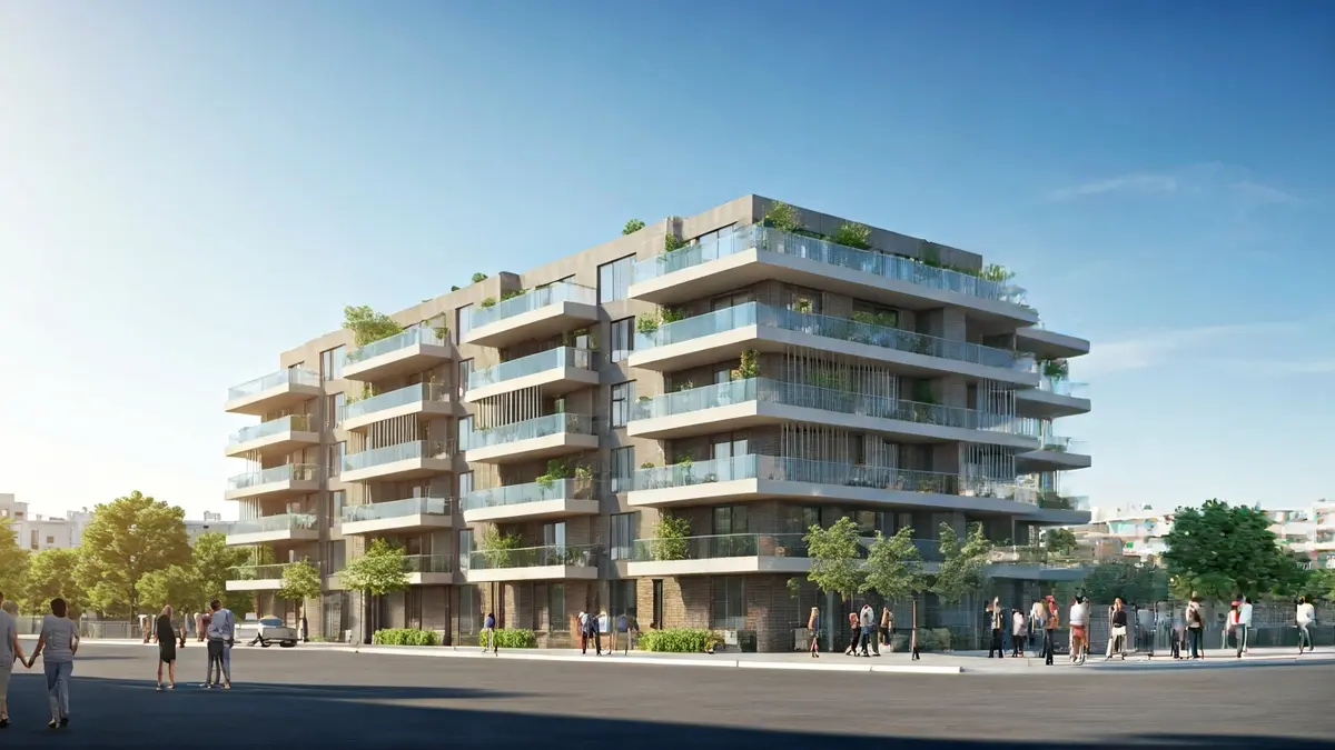 Imatge d'un edifici d'habitatges de nova construcció amb balcons i cel blau.