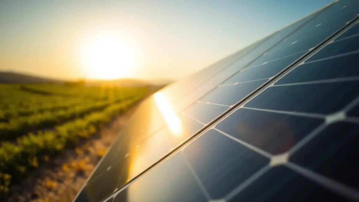 Imatge genèrica de panells solars en un camp, reflectint la llum del sol.