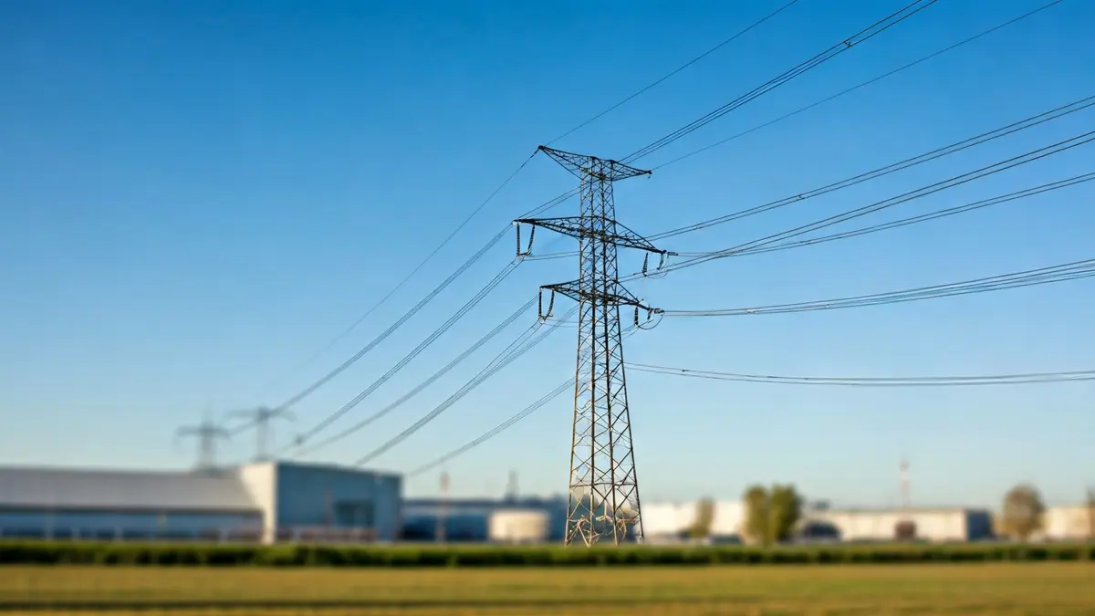 Imatge d'una línia elèctrica d'alta tensió amb fàbriques de ceràmica al fons.