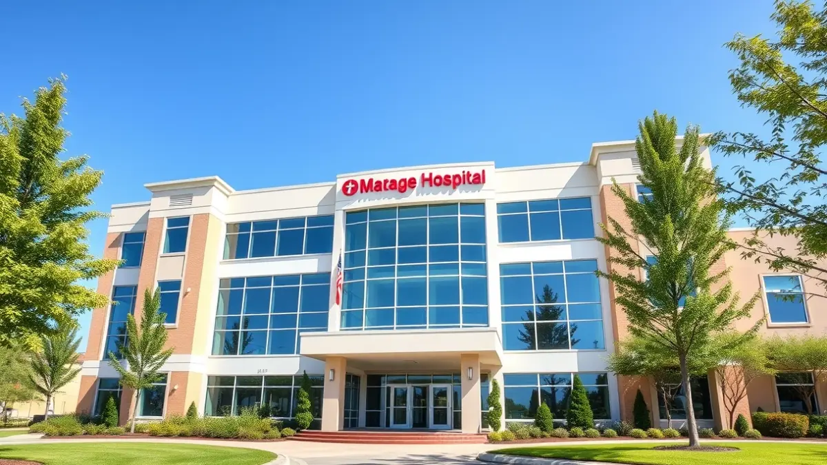 Image of a modern hospital facade with large windows and a clear blue sky.