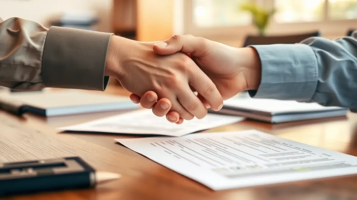 Generic image of two hands shaking over paperwork, symbolizing business agreements and support for rural entrepreneurship.