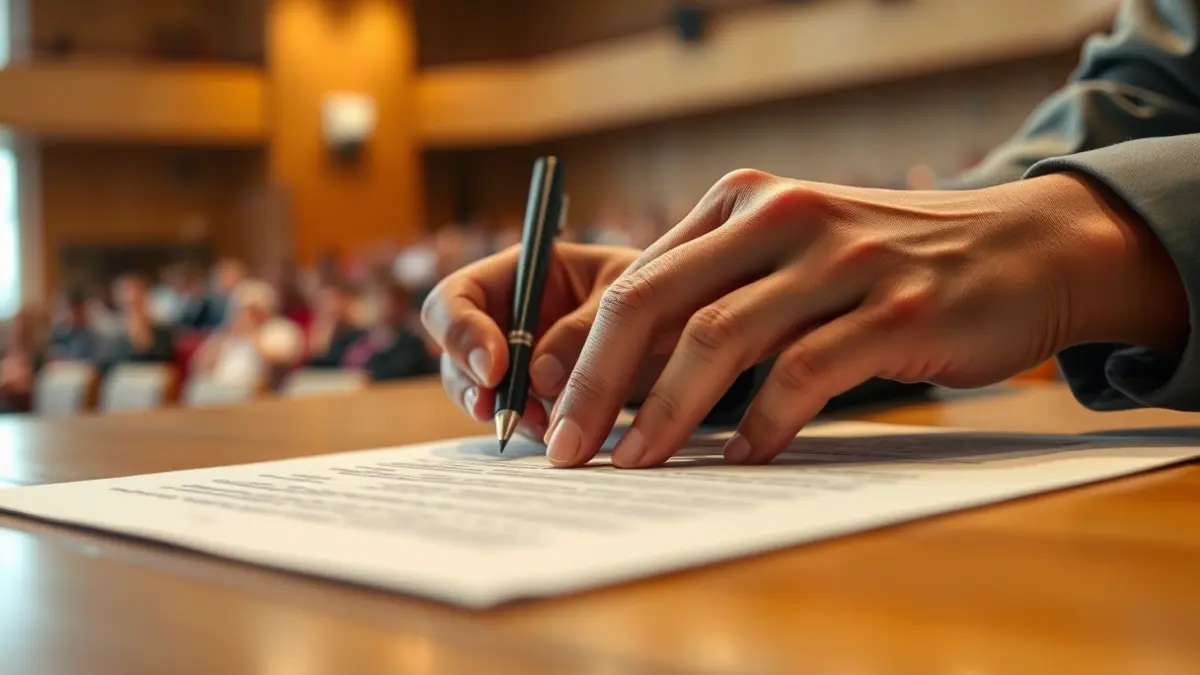 Imagen genérica de manos firmando un documento en un acto oficial.