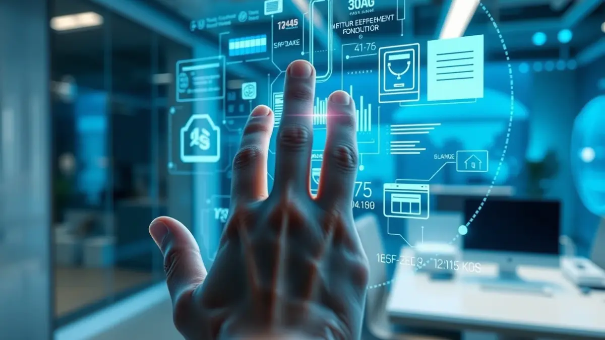 Imagen genérica de una mano interactuando con una interfaz holográfica que muestra datos y algoritmos.